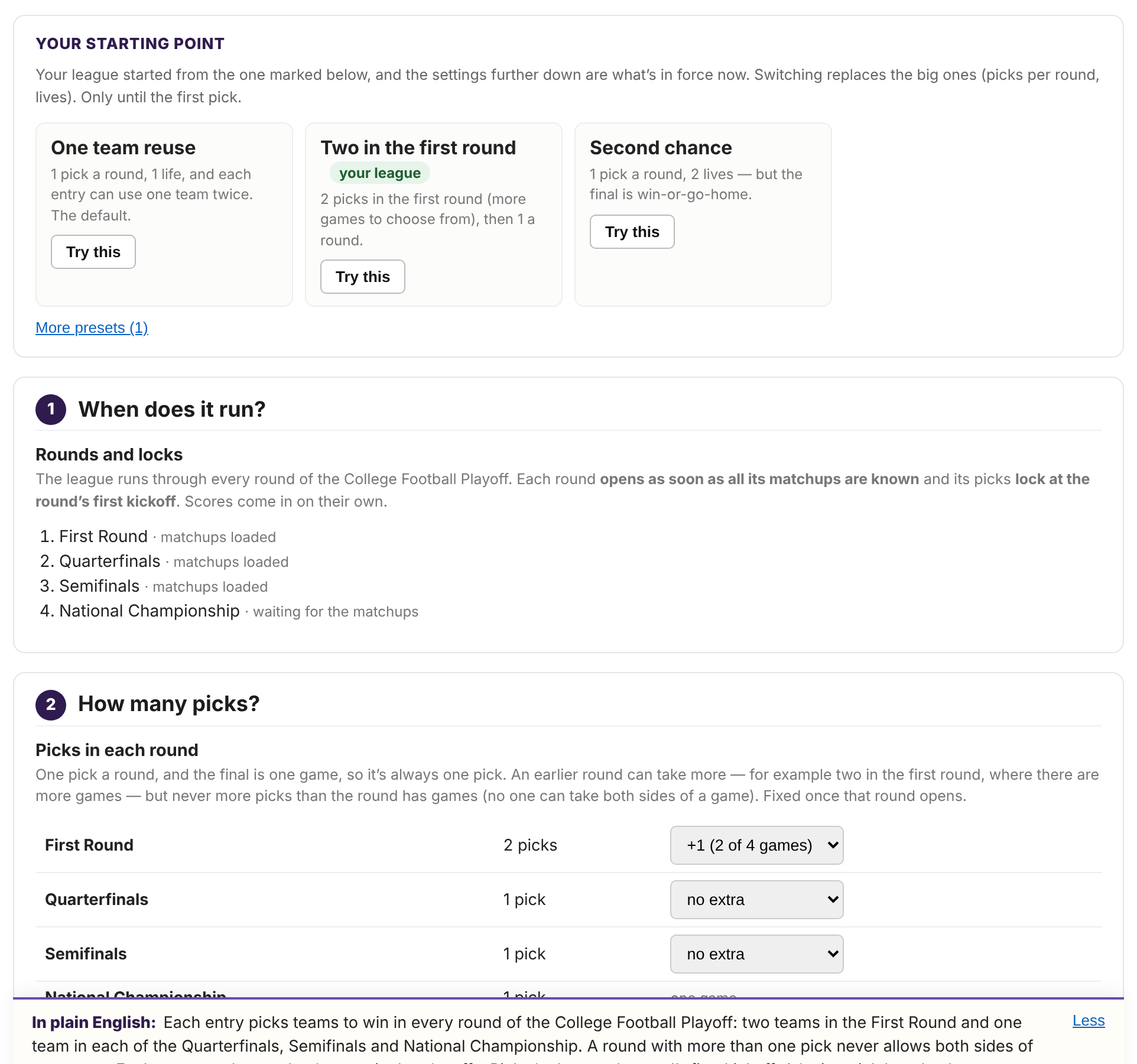 The commissioner's Rules page in the demo league