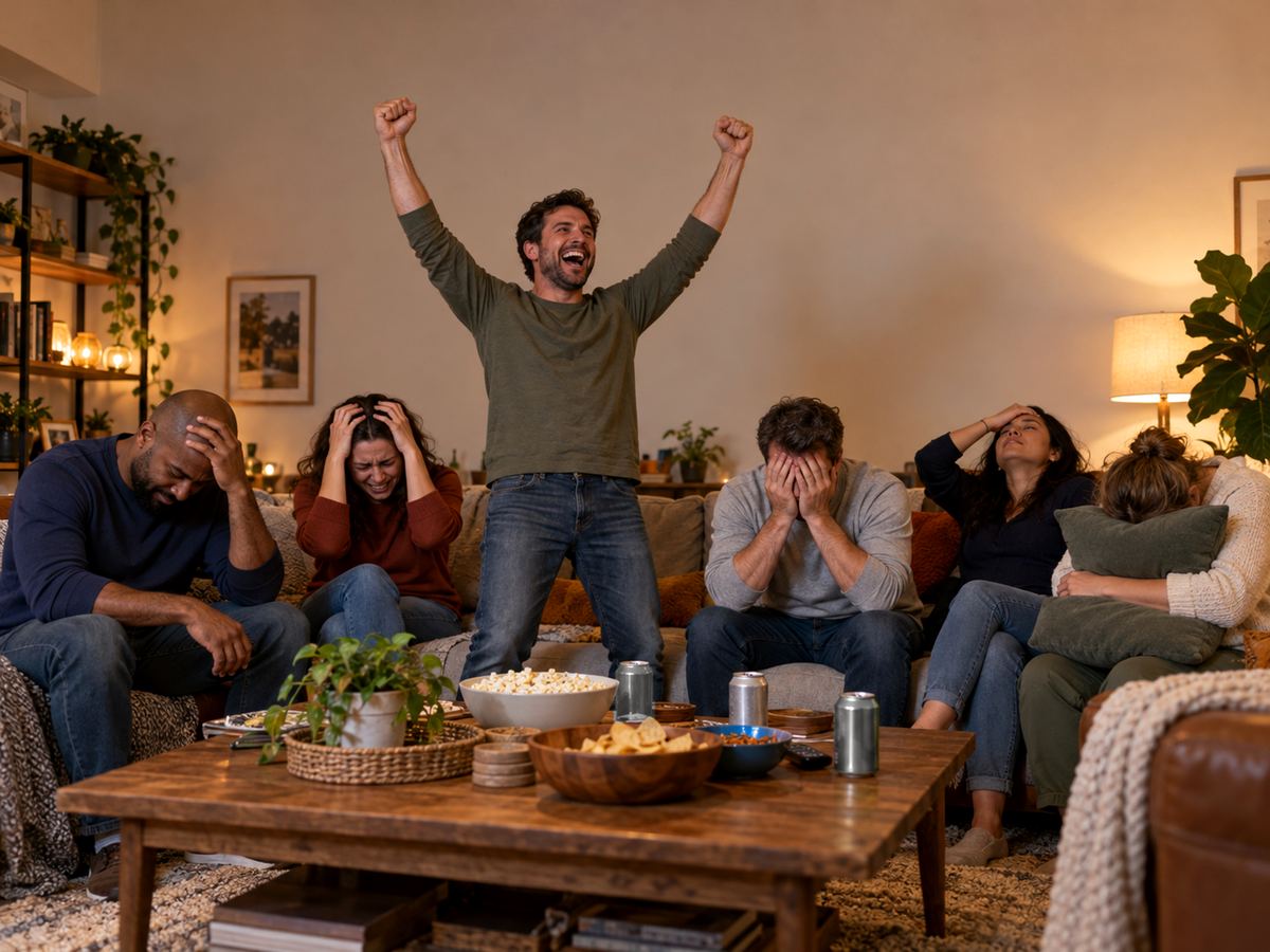Friends at a watch party: one man stands with both fists up while everyone else on the couch groans.